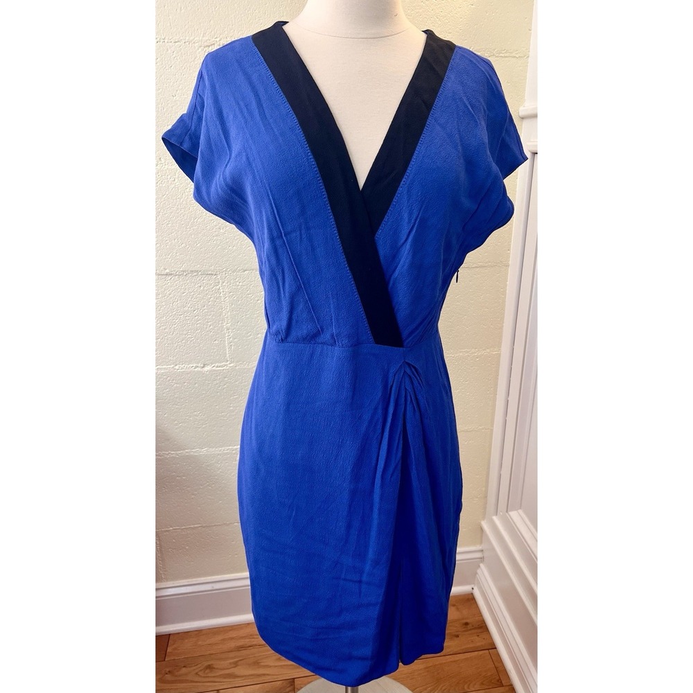 J Crew Blue Dress Blue‎ V-neck Dress Midi Dress Size 4 Short Sleeves Slit Front